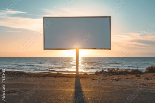 Blank horizontal billboard stands on seashore. Empty board for information, marketing, promotion, advertising. Mockup template billboard