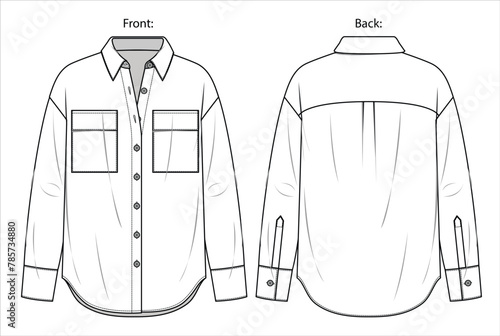 Vector drop shoulder jacket with pockets fashion CAD, woman long sleeve regular fit shirt technical drawing, sketch, template, flat, mock-up. Woven fabric top with front, back view, white color