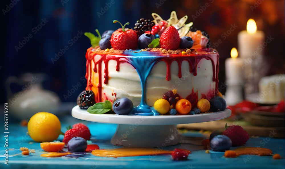 Sponge cake decorated with cream and various berries and citrus fruits
