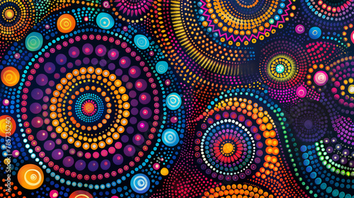 Aboriginal vibrant dotwork abstract background with circles
