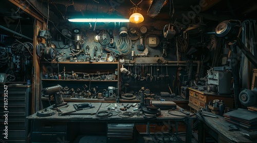 Vintage Robot Repair Shop Scene with Metal Parts and Tools.