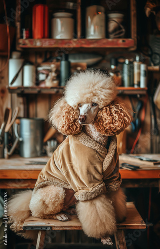 Stylish poodle dressed in a fashionable coat indoors. Generative AI image