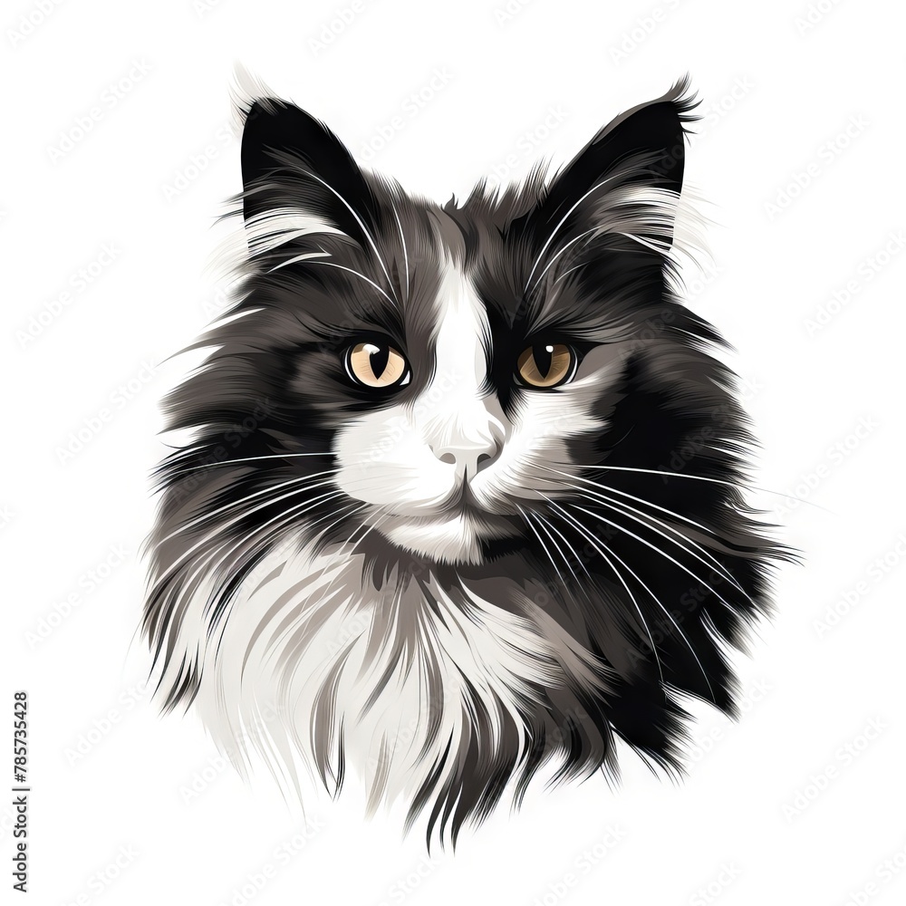 Illustration of fluffy black and white cat with piercing eyes. Drawing of a tuxedo kitten with soft fur texture. Concept of pet portrait, feline beauty, animal art. Isolated on white background