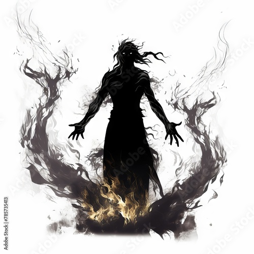 Silhouette of a man with fiery and smoky aura on a white background. A male figure engulfed in flames and fire. Concept of power, inner strength, struggle, and abstract artwork