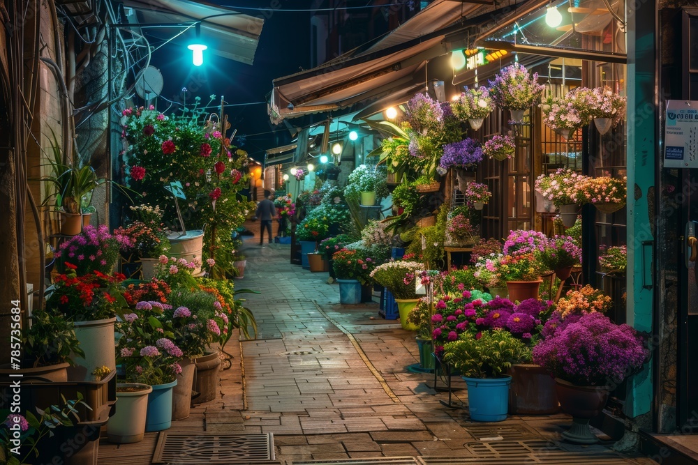 night street. old city center. beautiful flower shop