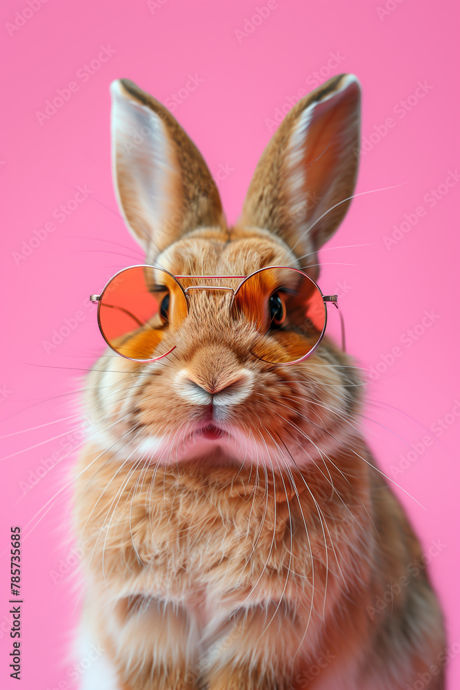 Cute funny bunny wearing sunglasses on pastel pink background
