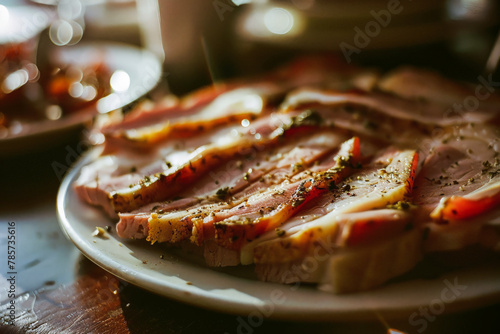 Natural seasoned bacon slices on a plate Generative AI image photo