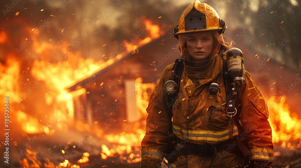 Determined woman firefighter with backdrop of fierce fire. A Caucasian firewoman in protective helmet and equipment. Concept of strength, courage in crisis, firefighting heroes, lifesaving. Copy space Determined woman firefighter with backdrop of fierce fire. A Caucasian firewoman in protective helmet and equipment. Concept of strength, courage in crisis, firefighting heroes, lifesaving. Copy space