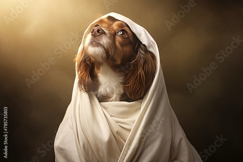 Majestic wise dog sage dressed in robe in the rays of light. Light create halo around dog, making it look like divine creature. Dog god. Religion concept. Art photo