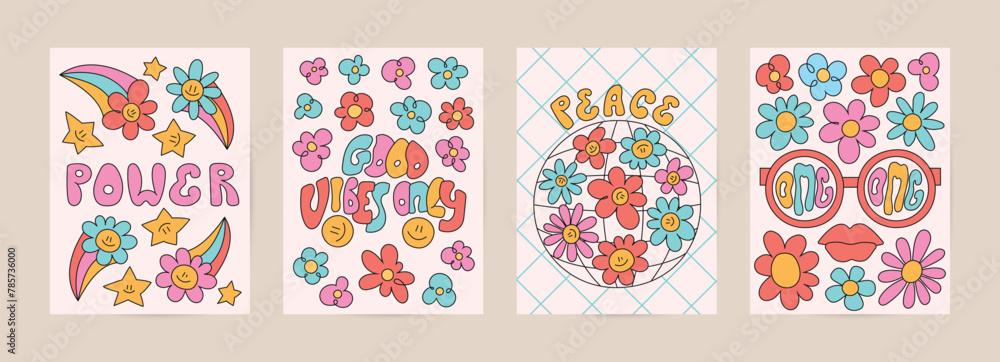 Retro groovy cartoon hippie cards set. Trippy poster with psychedelic flowers, quote, glasses, omg, earth.