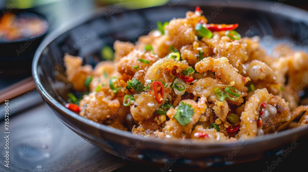 Spicy calamari stir fry on dark plate Spicy calamari stir fry on dark plate