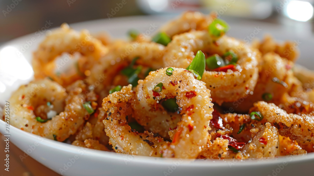 Close-up of crispy calamari seasoned with sichuan pepper and spring onions Close-up of crispy calamari seasoned with sichuan pepper and spring onions
