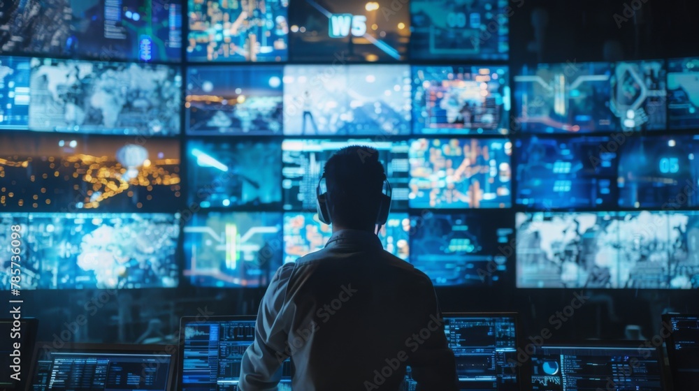 Man Monitoring Multiple Screens in High-Tech Control Room at Night Man Monitoring Multiple Screens in High-Tech Control Room at Night
