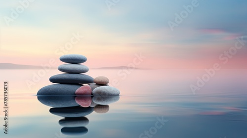 Minimalist Zen garden at dawn, harmonious balance of nature and simplicity, smooth stones, tranquil water, soft morning light