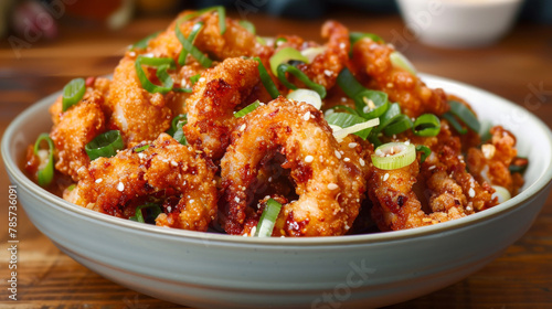Savory bowl of golden, sesame-coated, chinese-style crispy chicken garnished with green onions