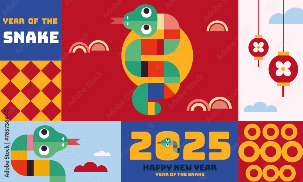 Chinese New Year 2025 modern art design in red, gold and white colors for cover, card, poster, banner with trendy geometric pattern. Hieroglyphics mean Happy New Year and symbol of of the Snake