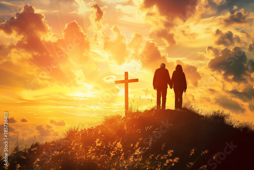 Senior Couple Silhouette on Hill Near Christian Cross During Sunset