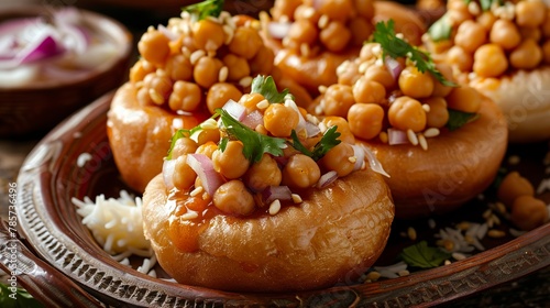 A close-up of pani puri on small round balls of dough, creating a visually intriguing and delicious composition. Close-up of pani puri in a small flavor sphere. photo