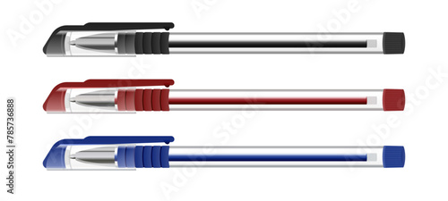 set red black blue ink pen realistic style stationary office supply