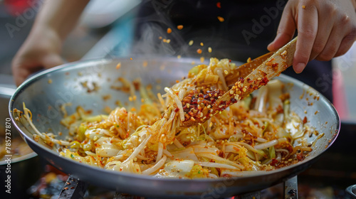 Chef tossing freshly made spicy noodles in a wok with steam and flying spices