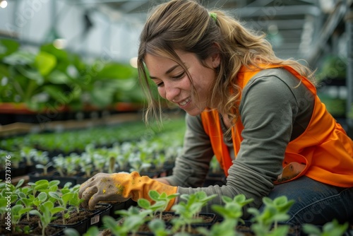 A working woman in an orange vest plants seedlings on a high bed on a bright sunny day in a greenhouse.