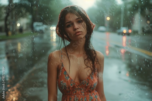 A young woman got wet in the rain in a summer sundress and stands in the middle of a city street, sad. High key photo. wide shot.