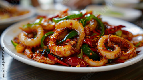 Close-up of a szechuan-style spicy squid dish with peppers