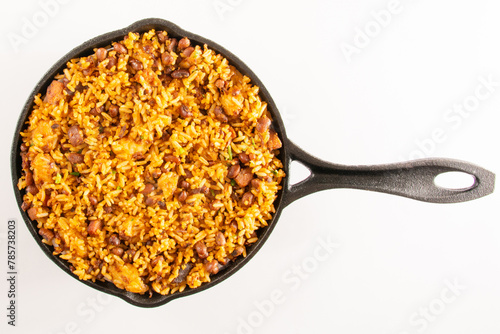 Baião de Dois traditional Brazilian food made with rice, beans, sausage and rennet cheese