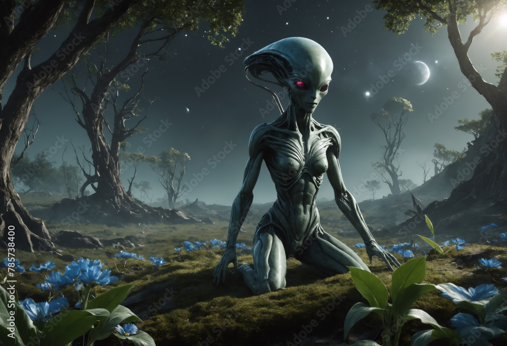 Fototapeta premium A futuristic extraterrestrial humanoid figure exploring a surreal alien landscape at night under a moon, creating an eerie yet captivating sci-fi scene