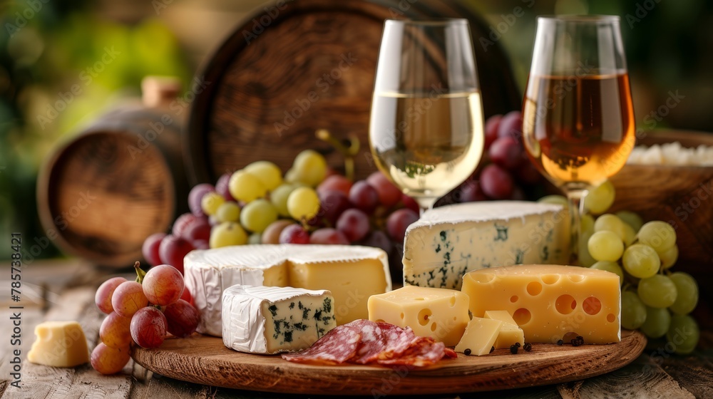 Assorted cheeses with grapes and glasses of white and rose wine on a wooden table
