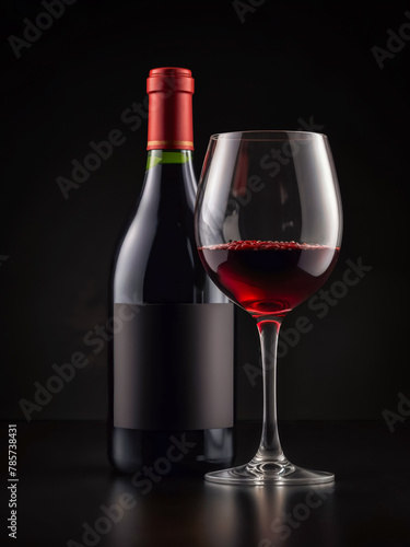 A stylish still life featuring wine glass filled with red wine, a bottle of red wine on a black background