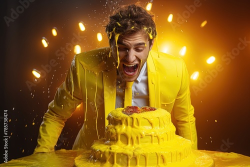 guy in yellow jacket bites a yellow cake photo