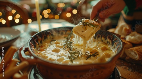 Cheese fondue being enjoyed with breadsticks in a cozy setting with warm lighting photo