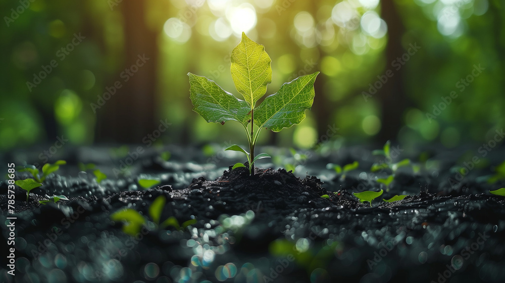 A small green plant is growing in the dirt - obrazy, fototapety, plakaty 