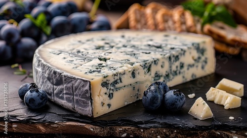 Whole wheel of Gorgonzola cheese with fresh grapes and crackers on a dark slate board