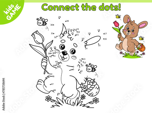 Dot to dot Easter kids game. Connect the dots by numbers, draw a cartoon rabbit holding a tulip in its paw. Cute bunny carries a basket of eggs. Educational puzzle for children. Vector baby design.