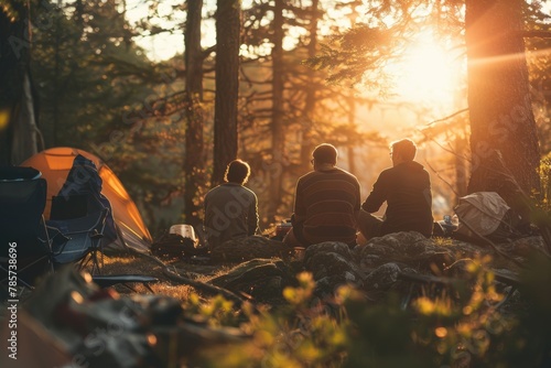 Summer. Authentic outdoor experiences. Friends rest on the forest with a tent