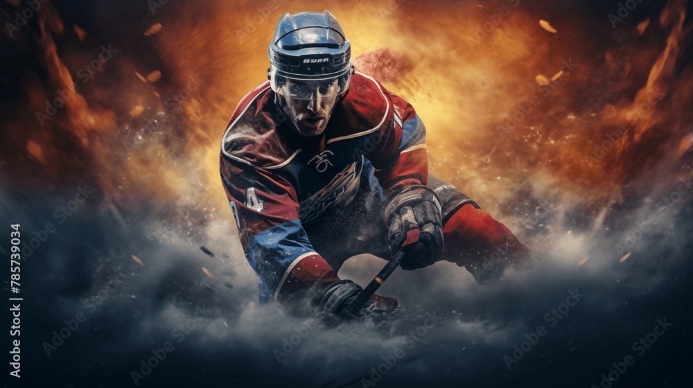 Fototapeta premium In the heat of the game, the hockey player displays remarkable dexterity, controlling the puck adeptly with their stick.
