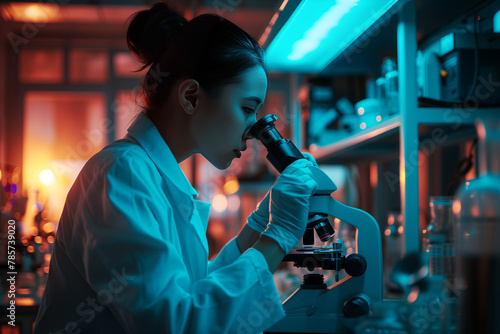 Female researcher with microscope in laboratory conducting research, scientific discoveries in chemistry, biology and physics
