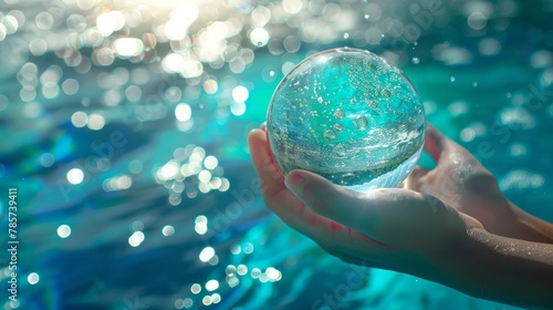 Environment Concept - Hands Holding Globe Glass In Blue Ocean With Defocused Lights 