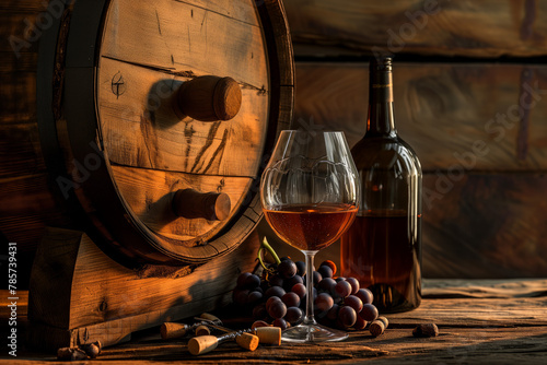 Sides of exquisite aged wine against the background of an antique barrel and bottle of wine, tasting of elite wines in production