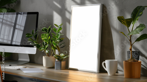 Ein Schreibtisch, auf dem ein Bildschirm und eine Tageslichtlampe stehen, daneben viele Pflanzen, Querformat