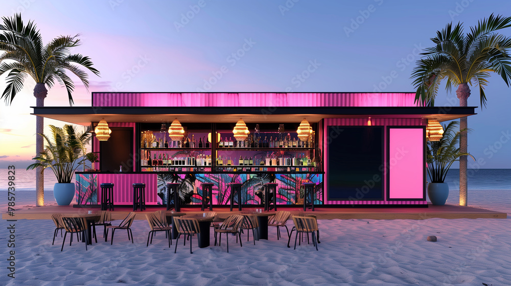 Fototapeta premium Eine erleuchtete Cocktailsbar am Strand mit Sitzgelegenheiten davor