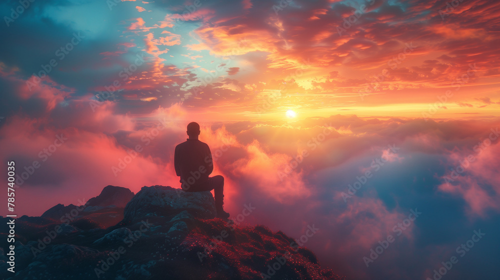 A man sits on a rock overlooking a beautiful sunset A man sits on a rock overlooking a beautiful sunset