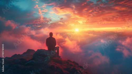 A man sits on a rock overlooking a beautiful sunset