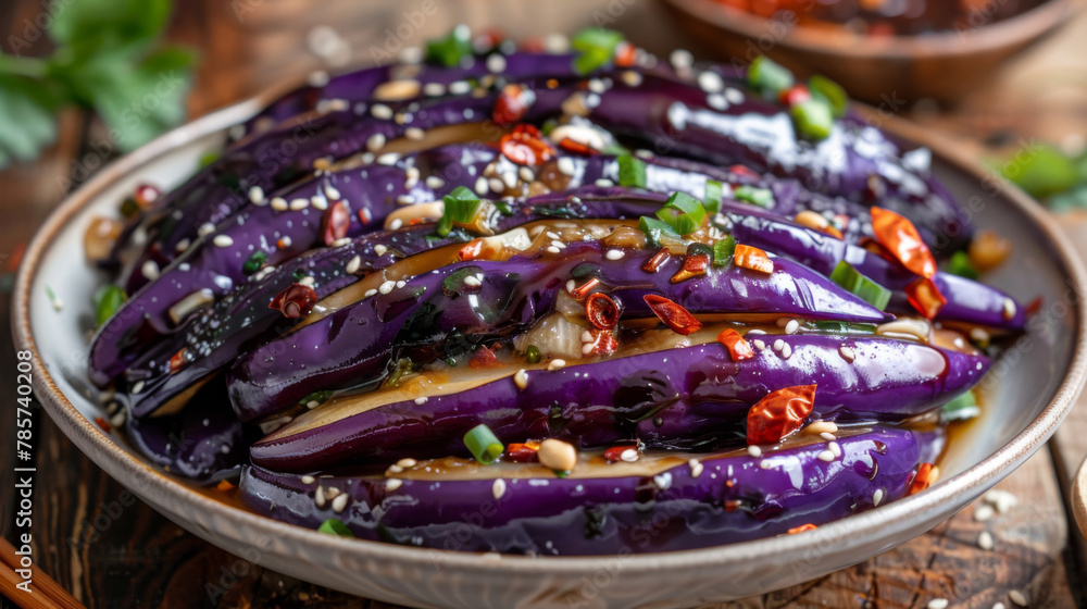Aromatic chinese eggplant topped with chili peppers and garlic sauce Aromatic chinese eggplant topped with chili peppers and garlic sauce