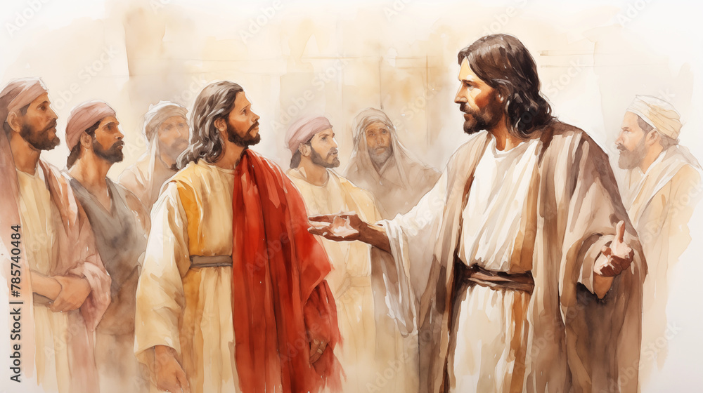Naklejka premium Jesus before Pilate, being questioned and judged. , watercolor style, white background