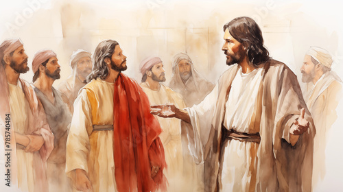 Jesus before Pilate, being questioned and judged. , watercolor style, white background photo