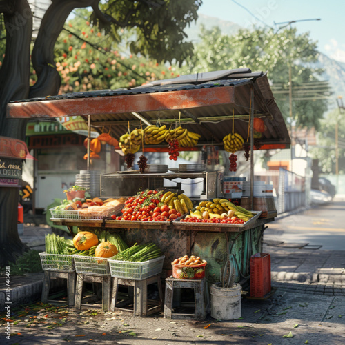 a street food stall in mexico, on a sunny day, the street is clean and empty © Kholoud