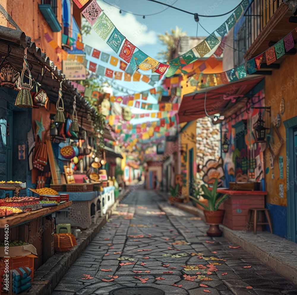 Fototapeta premium a street food stall in mexico, on a sunny day, the street is clean and empty